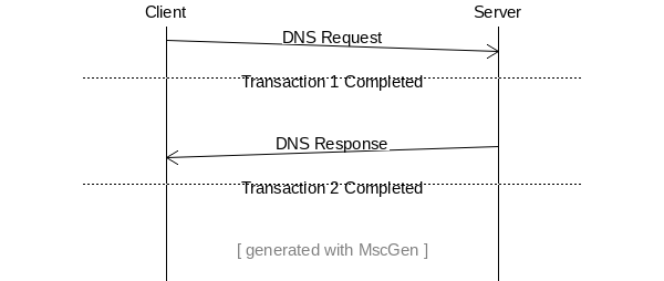 A sequence diagram with two entities, Client and Server, with an arrow going from the Client to the Server, labeled "DNS Request". After that, there is a dotted line labeled "Transaction Completed".